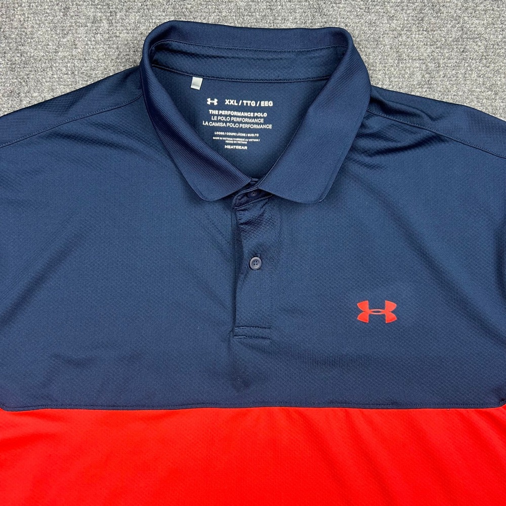 Under Armour Performance Polo Mens XXL Navy Orange Colorblock Loose HeatGear